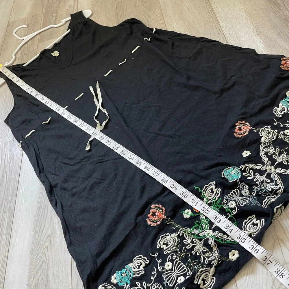 Future Paradise Linen Floral Embroidered String Waist Dress Black (Large) summer